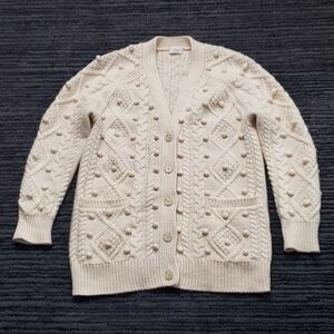 Aritzia Wilfred Size XS Cream Alps Cableknit Pom Pom Button Front VNeck Cardigan